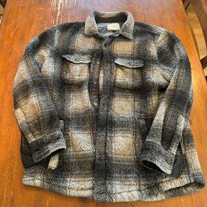Flag & Anthem Sherpa Shirt Jacket Gray Plaid Fleece Button Up Size L